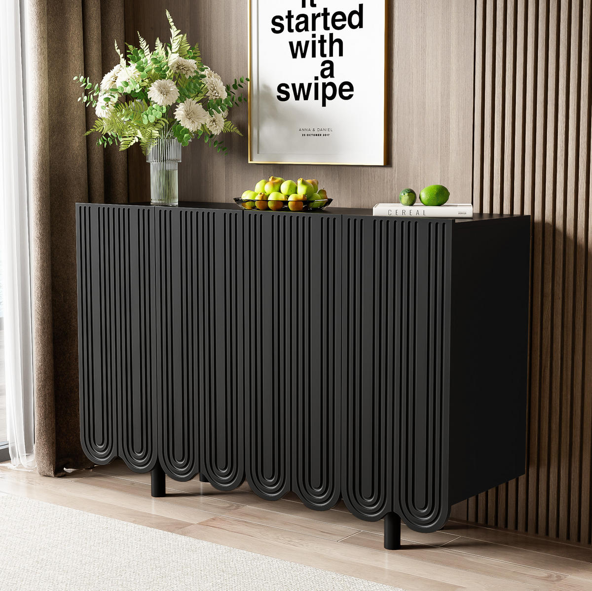 SIDEBOARD 4-türig aus MDF in Schwarz mit tropfenförmigen Schnitzereien und Soft-Close-Scharnieren, 120/37,5/80,8 cm, Schwarz - Schwarz, Holzwerkstoff (120/37.5/80.8cm) - Redom