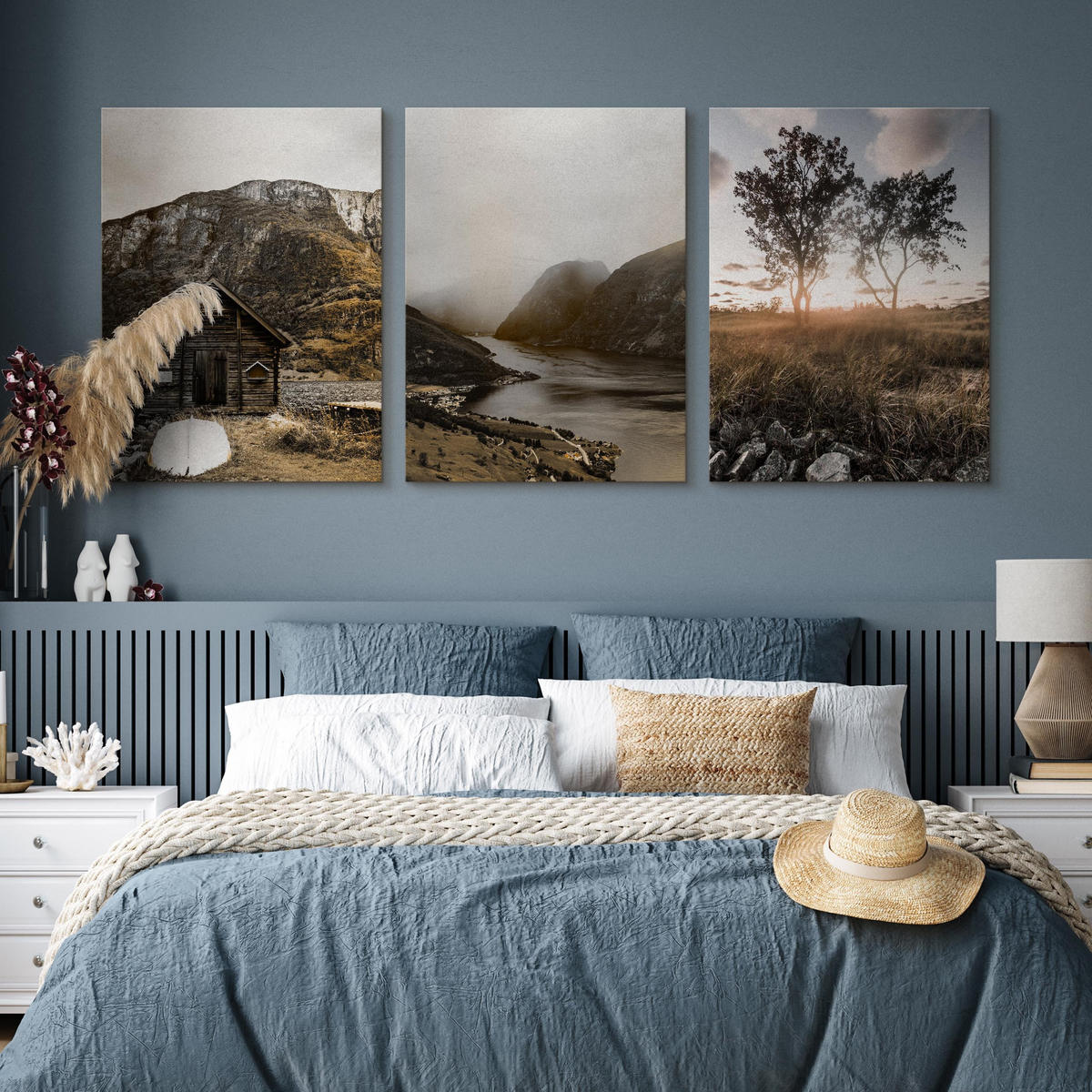 LEINWANDBILDER 3-er Set Landschaften 3D - Blau/Beige, Textil (90/40cm) - Muralo