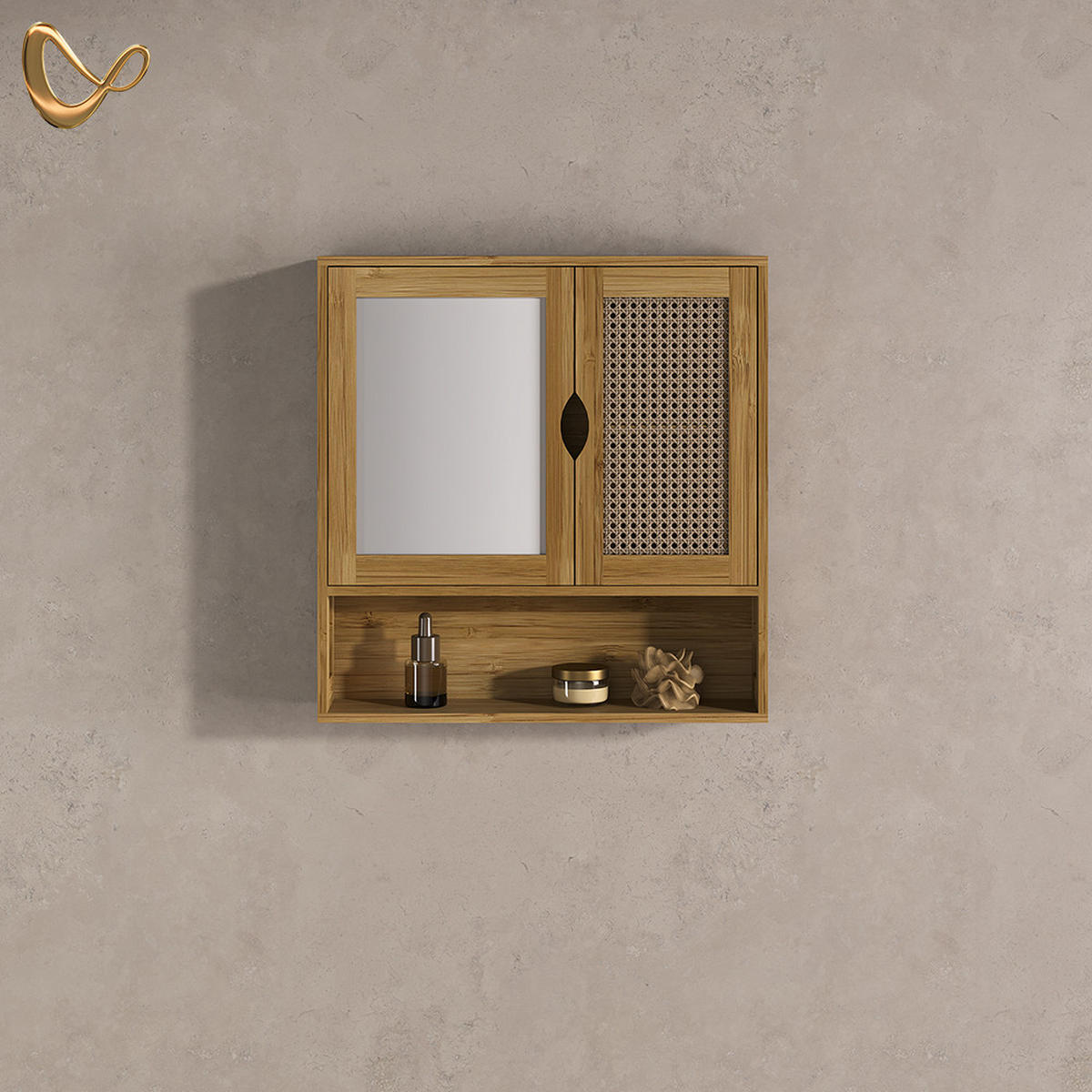 KOPALNIŠKA OMARICA Z OGLEDALOM Mincio, Bambus, 56 x 58 cm z 2 vrati - naravne barve, leseni material (56/58/13cm) - Livinity®