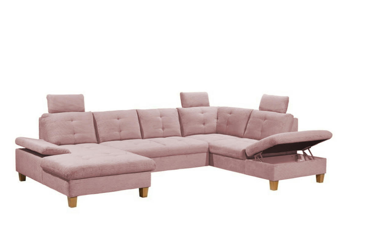WOHNLANDSCHAFT mit Schlaffunktion und Bettkasten, Cord - Birkefarben/Rosa, Textil (225/107/324cm) - ed exciting design