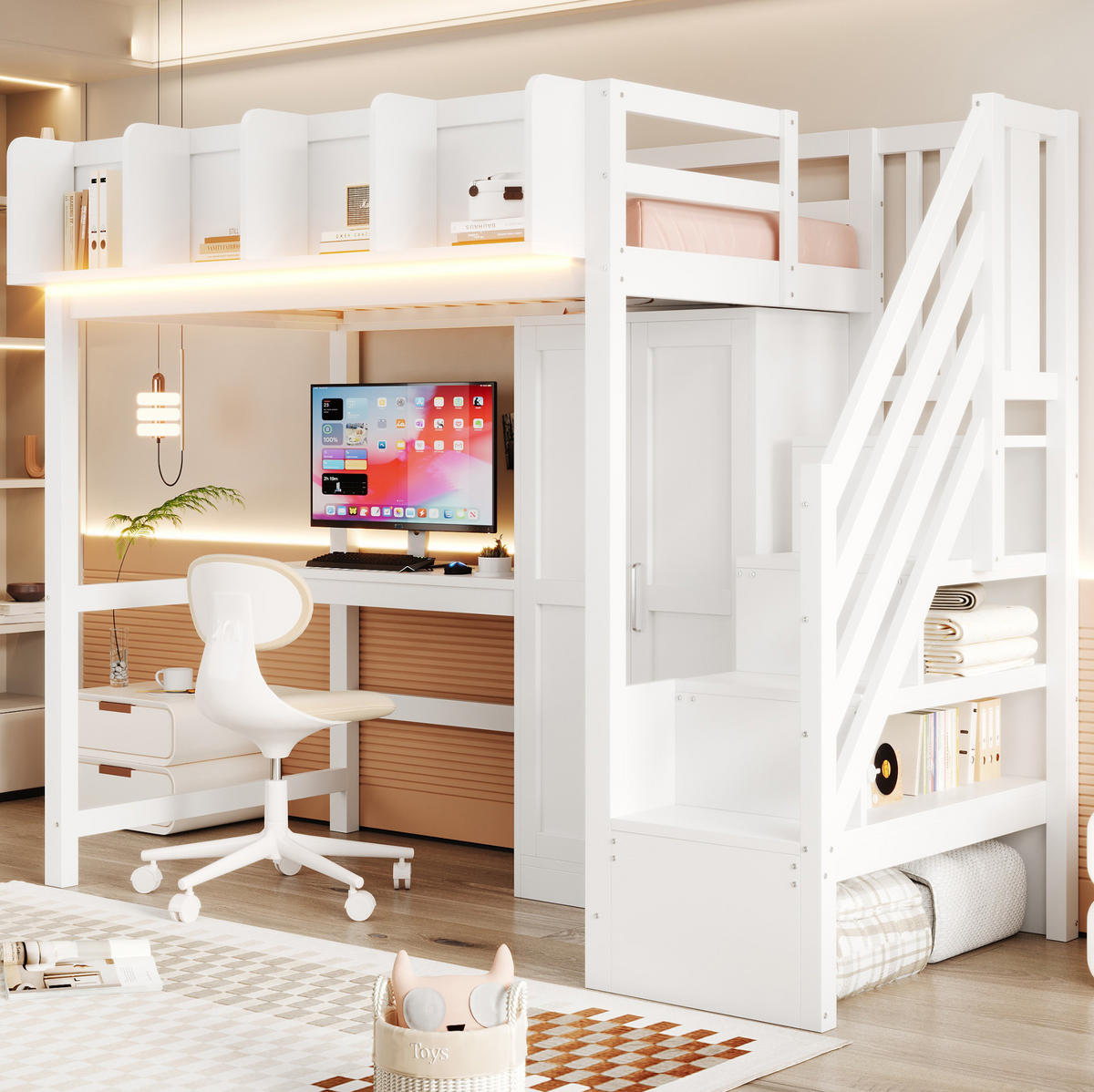 HOCHBETT 90x200 cm in Weiß mit Schreibtisch, Kleiderschrank, LED und Stauraumtreppe - Weiß, Holz (90/200cm) - IVMEU