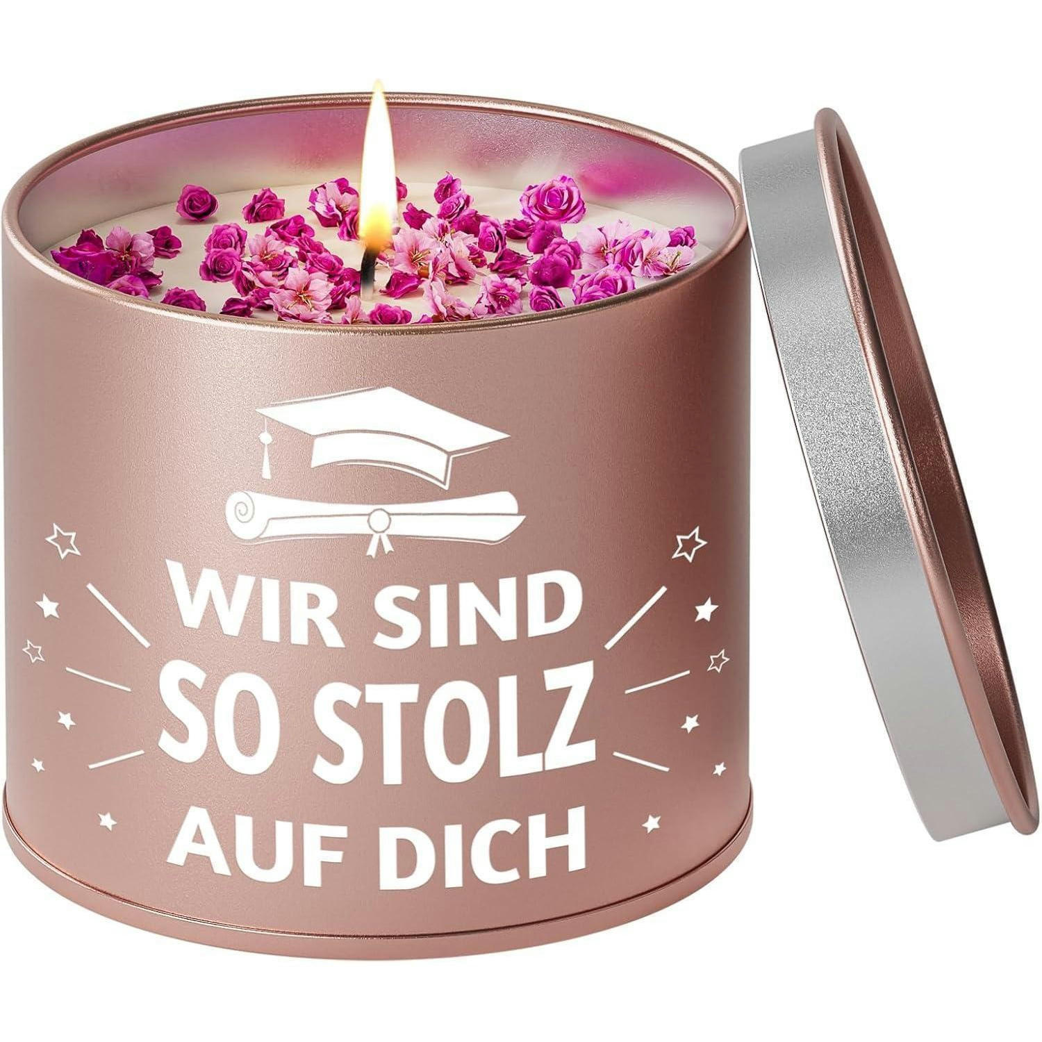 DUFTKERZE im Glas Lavendel mit Trockenblumen für Abschlussgeschenke - Rosa, Paraffin (7.5cm)