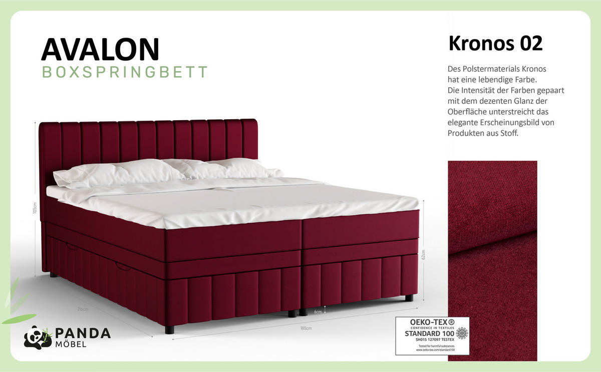 BOXBETT AVALON 180 x 200 cm mit Bettkasten und Topper - Rot - Rot, Holz - Panda Möbel
