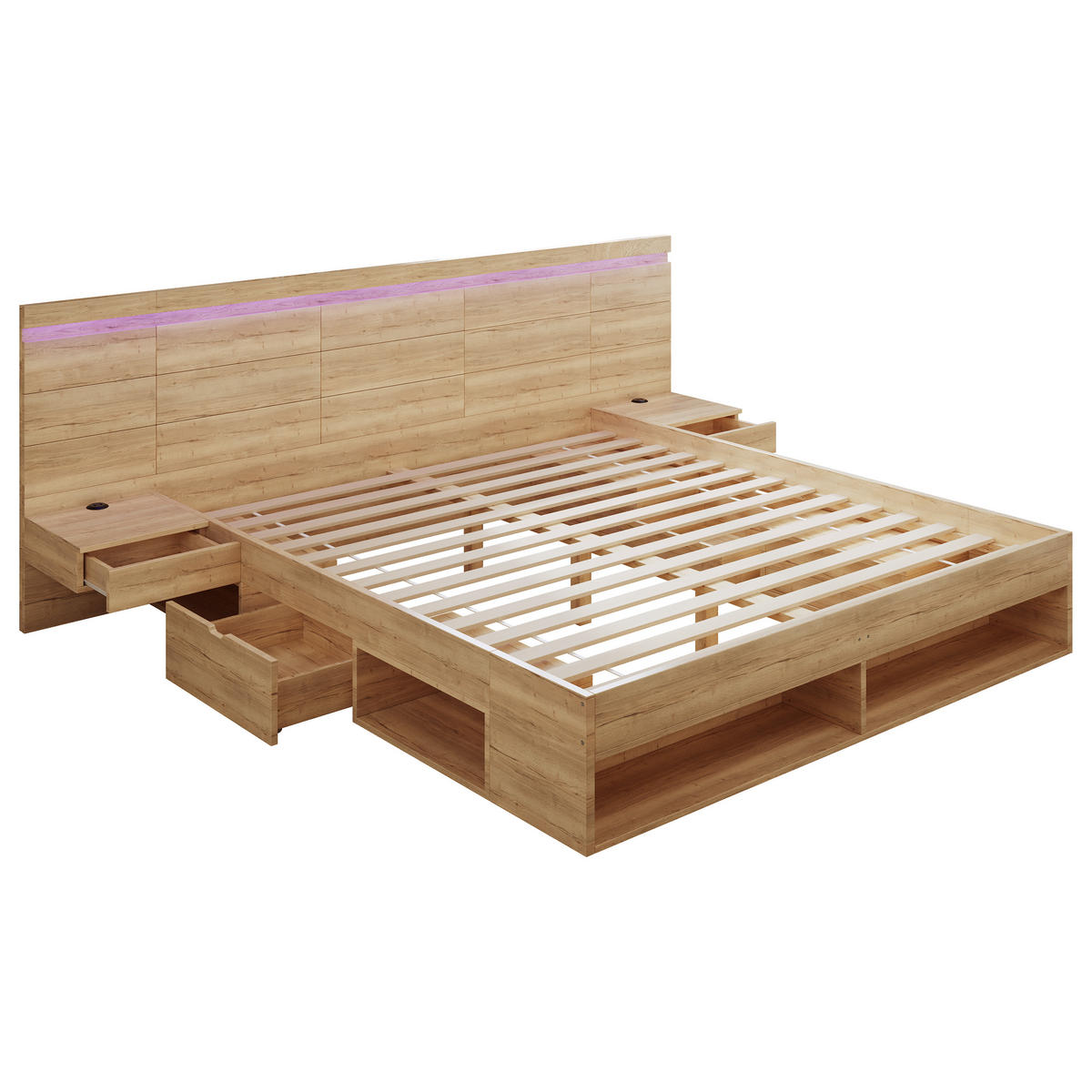 DOPPELBETT Natur 180x200 LED USB Stauraum Nachttische - Naturfarben, Holzwerkstoff (180/200cm) - FLIEKS