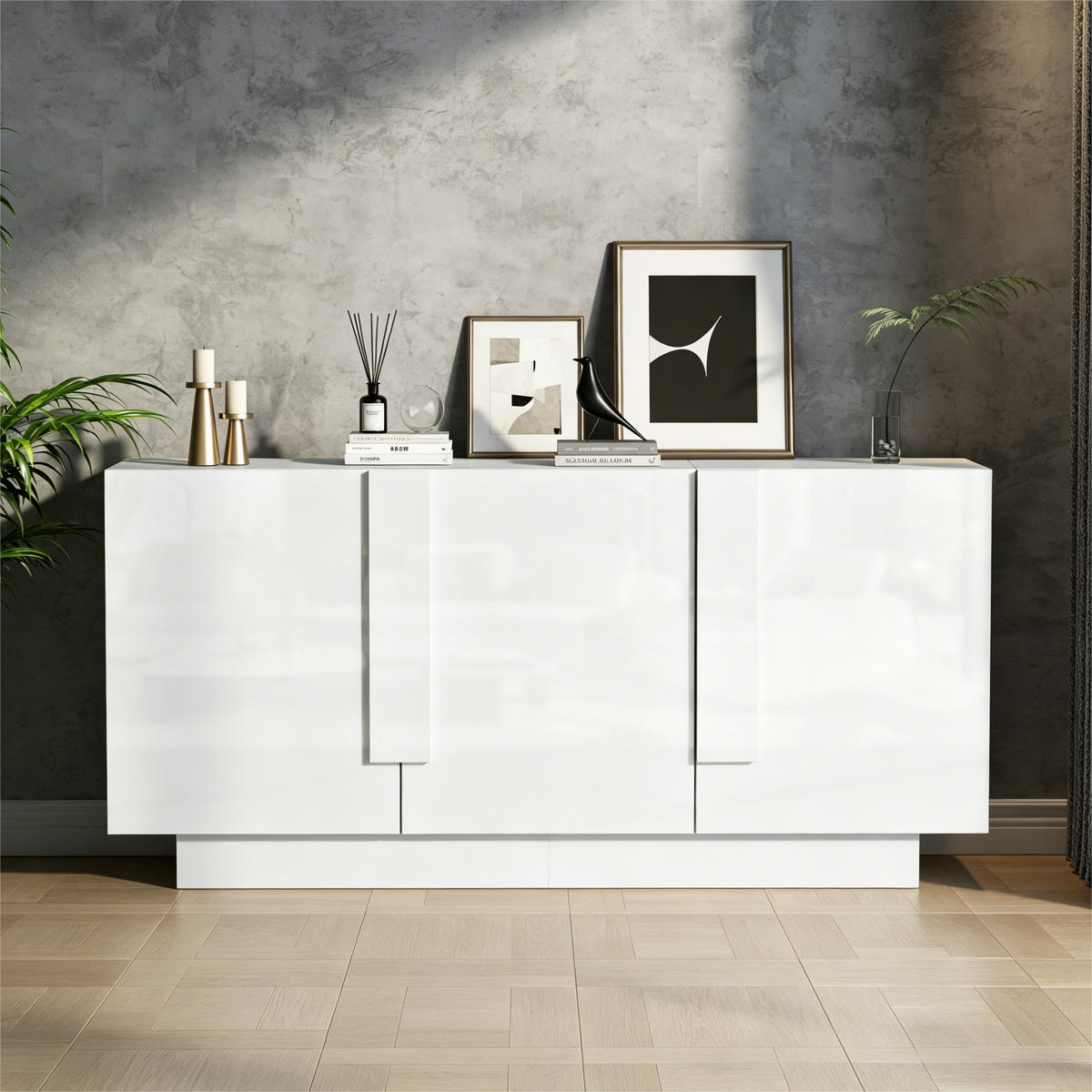 SIDEBOARD Hochglanz Minimalistisch mit Türen & verstellbaren Böden Stauraum modern Wohnzimmer Esszimmer - Weiß, Holzwerkstoff (160/60/35cm) - EVRYAE