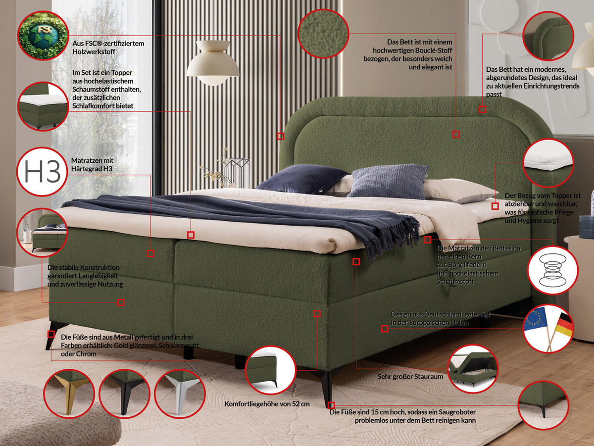 BOXBETT Sonna 180/200 cm Grün Bouclé-Stoff mit abgerundetem Kopfteil und mit silbernen Metallfüßen - Silberfarben/Grün, Holz/Textil (180/200cm) - S-Style Möbel