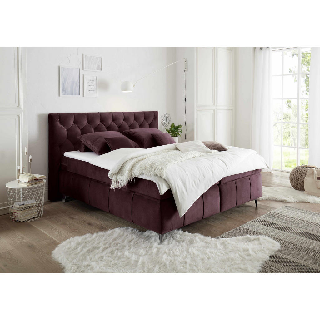 Thumbnail - ed exciting design Boxspringbett, Aubergine, Textil, Uni, H2, 7-Zonen, Höhe ca. 16 cm, Rechteckig,Rechteckig, 180x200 cm...
