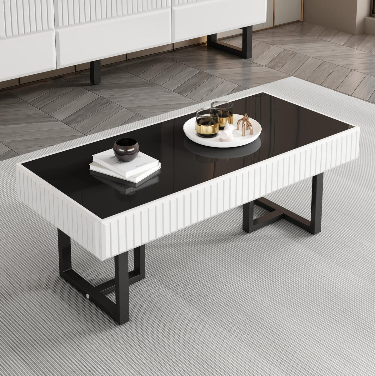 COUCHTISCH Hochglanz 110 x 50,5 x 41 cm Schwarz-Weiß - Schwarz, Metall (110/50.5/41cm) - Meubliv