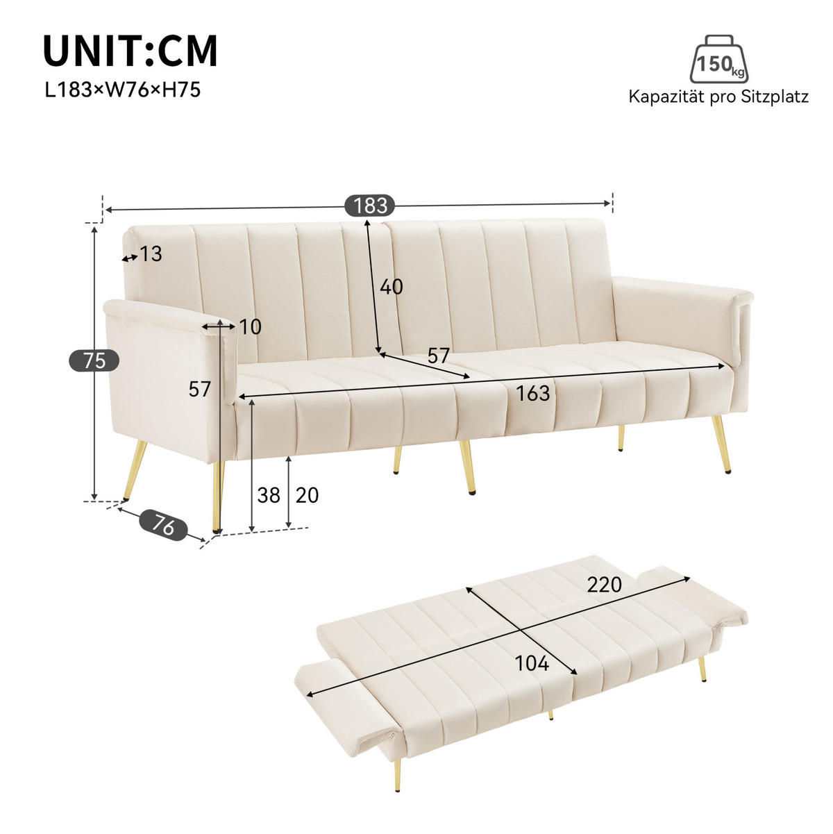 SCHLAFSOFA, Samt mit verstellbarer Rückenlehne & Armlehnen, 183/76/75 cm, Beige - Beige, Textil (76/75/183cm) - Redom