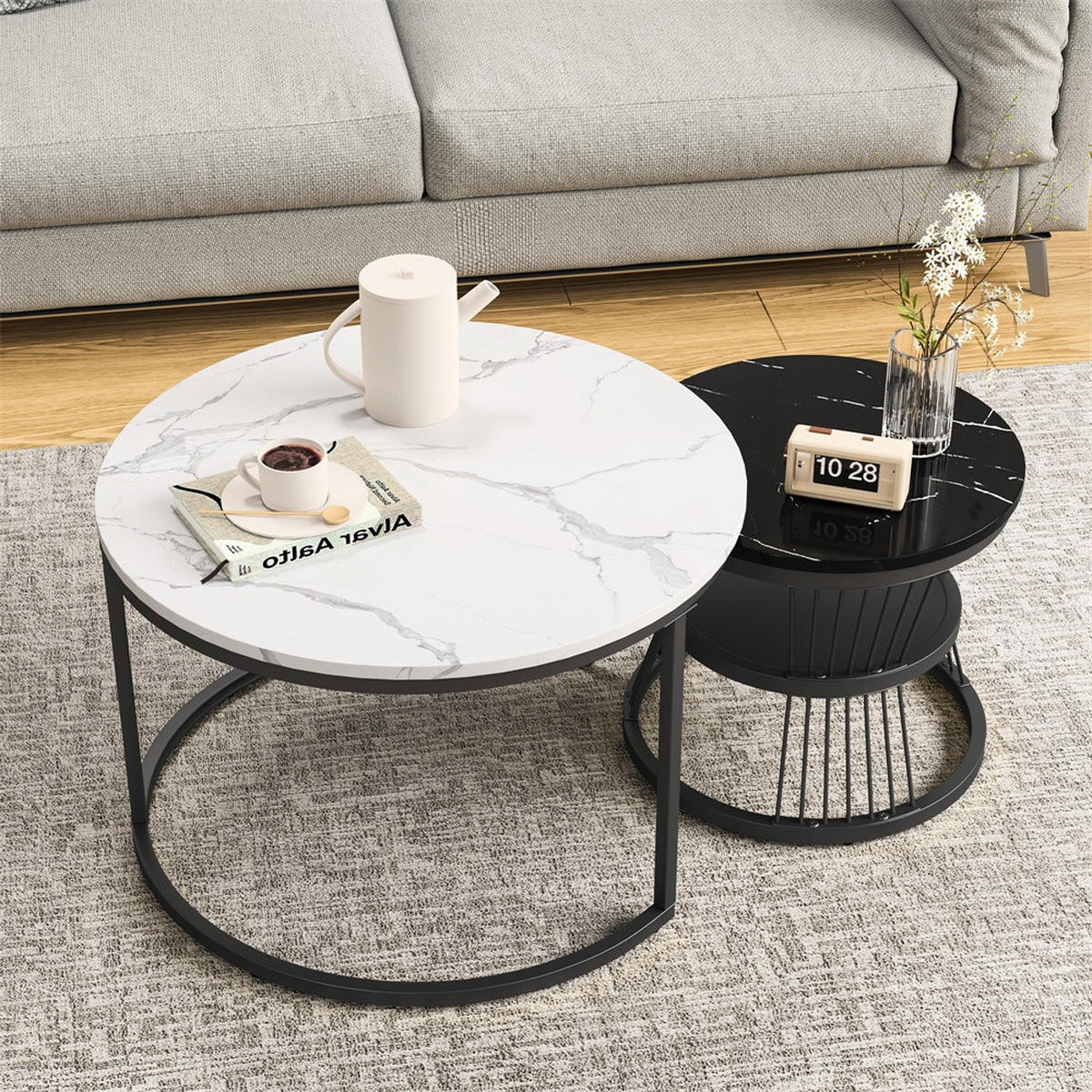 COUCHTISCH 2er-Set - Runder Couchtisch - Durchmesser 70 cm und Durchmesser 45 cm - Weiß und Schwarz - Schwarz, Holzwerkstoff (70/70/45cm) - DELFA
