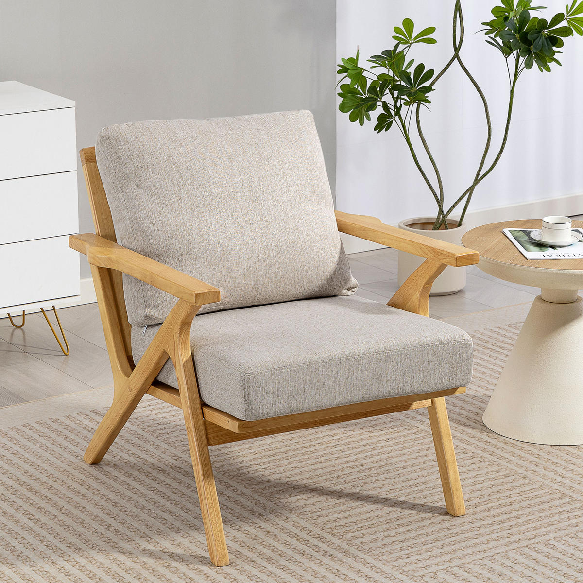 SESSEL DE-13306 skandinavisches Design, Leinenbezug Beige - Beige, Holz (76/88/87cm) - ComfortXL