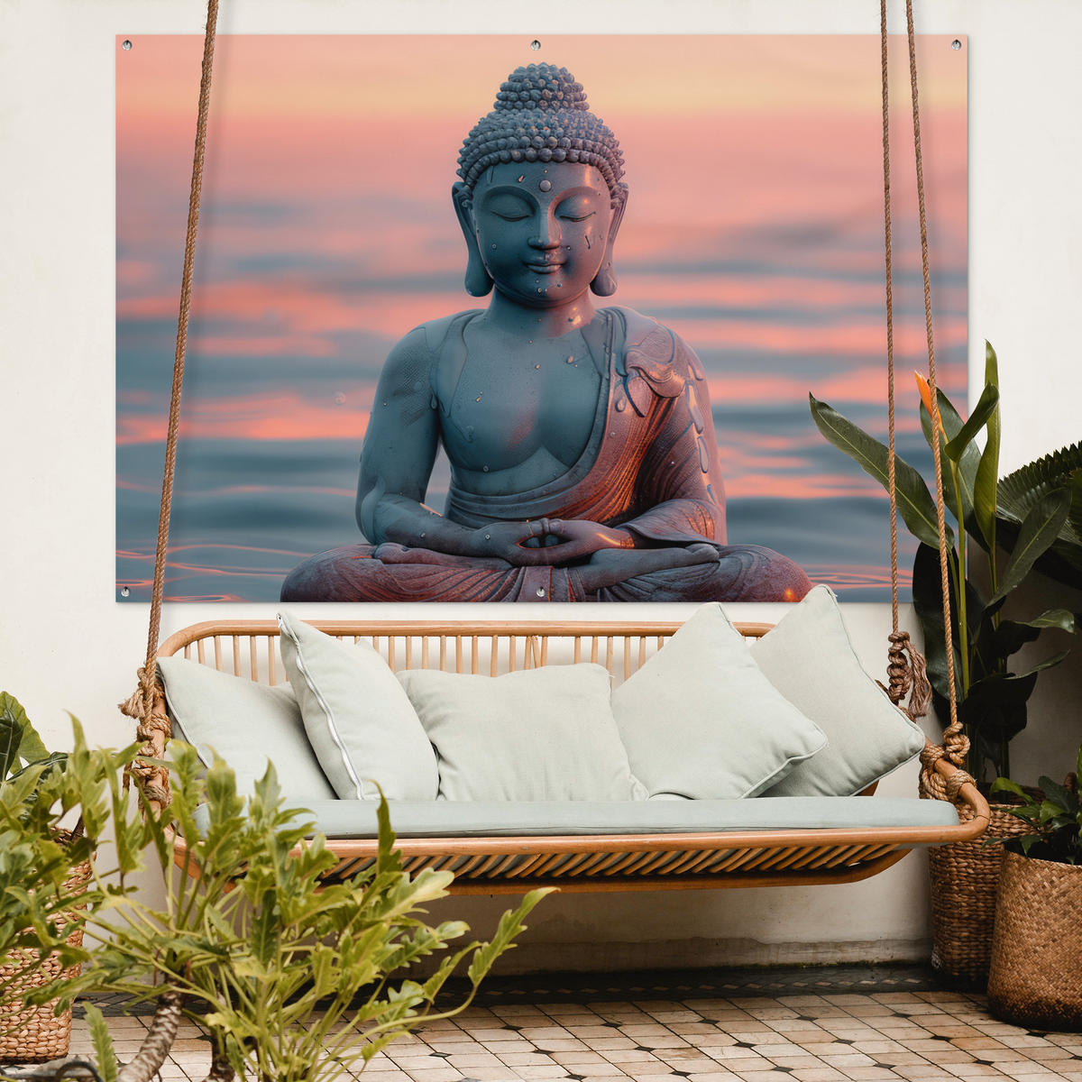 ZAHRADNÍ PLAKÁT Buddha - Socha - Buddha - Voda - Umění - Buddha 180x120 cm - šedohnědá, plast (180/120/0.2cm) - OnlyWow