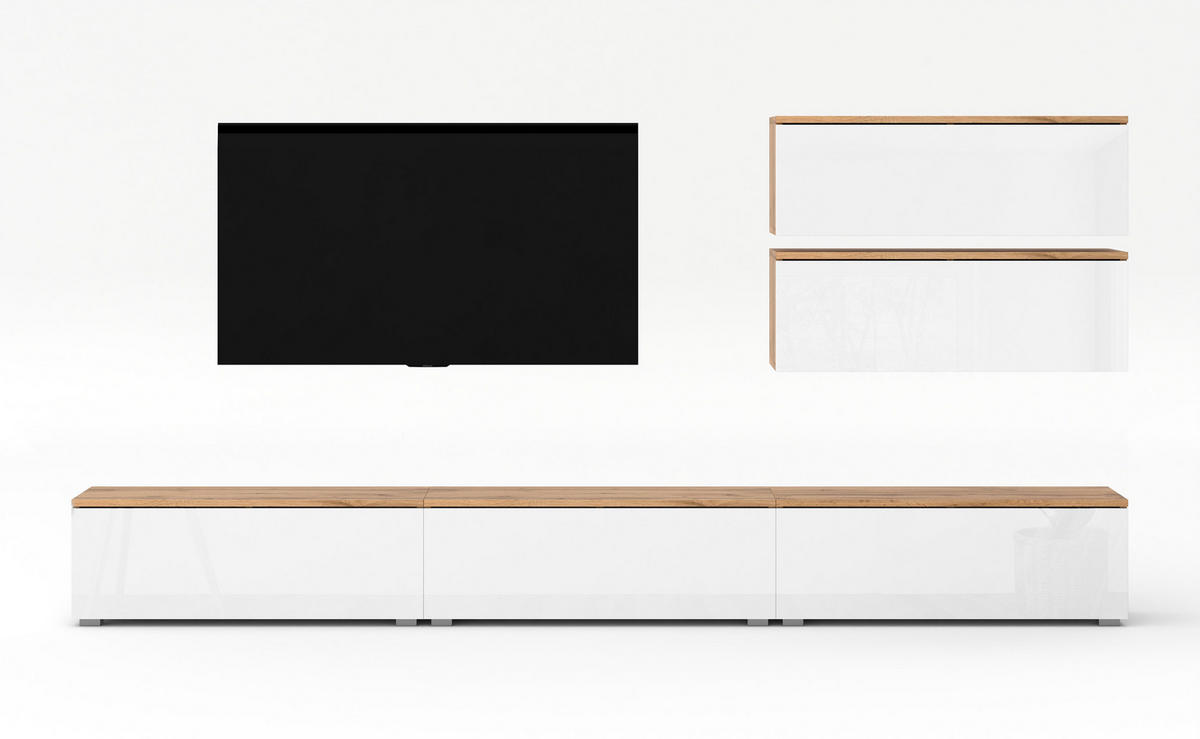 WOHNWAND Loriano V Wotan, Weiß Hochglanz 300/104,5/32 cm – Hängend und Stehend - Braun/Weiß, Holzwerkstoff/Kunststoff (300/104.5/32cm) - AX Living