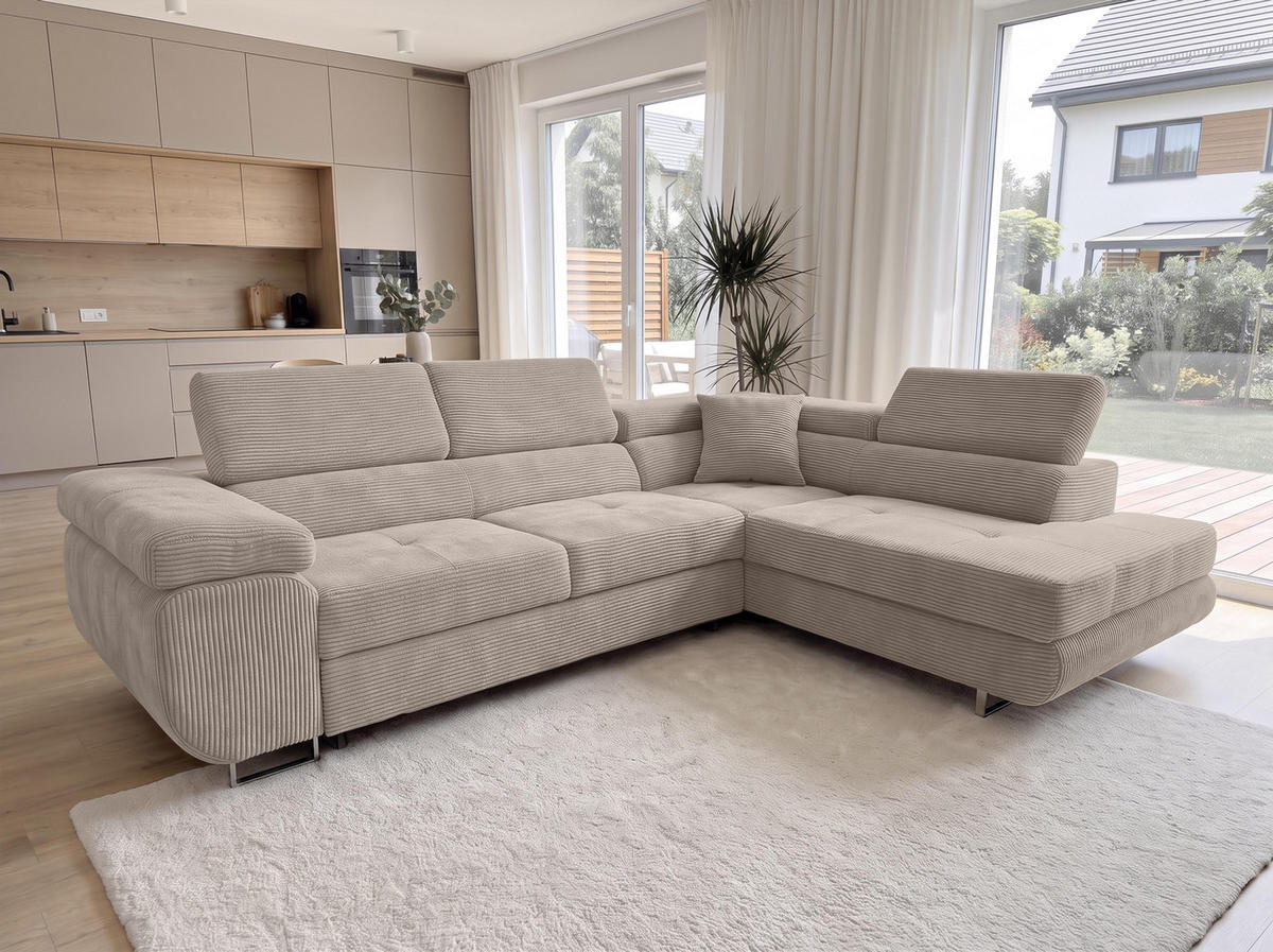 ECKSOFA L Form Konak Beige 276/201/90 cm Rechts mit Schlaffunktion - Beige/Silberfarben, Textil/Metall (276/203cm) - AX Living
