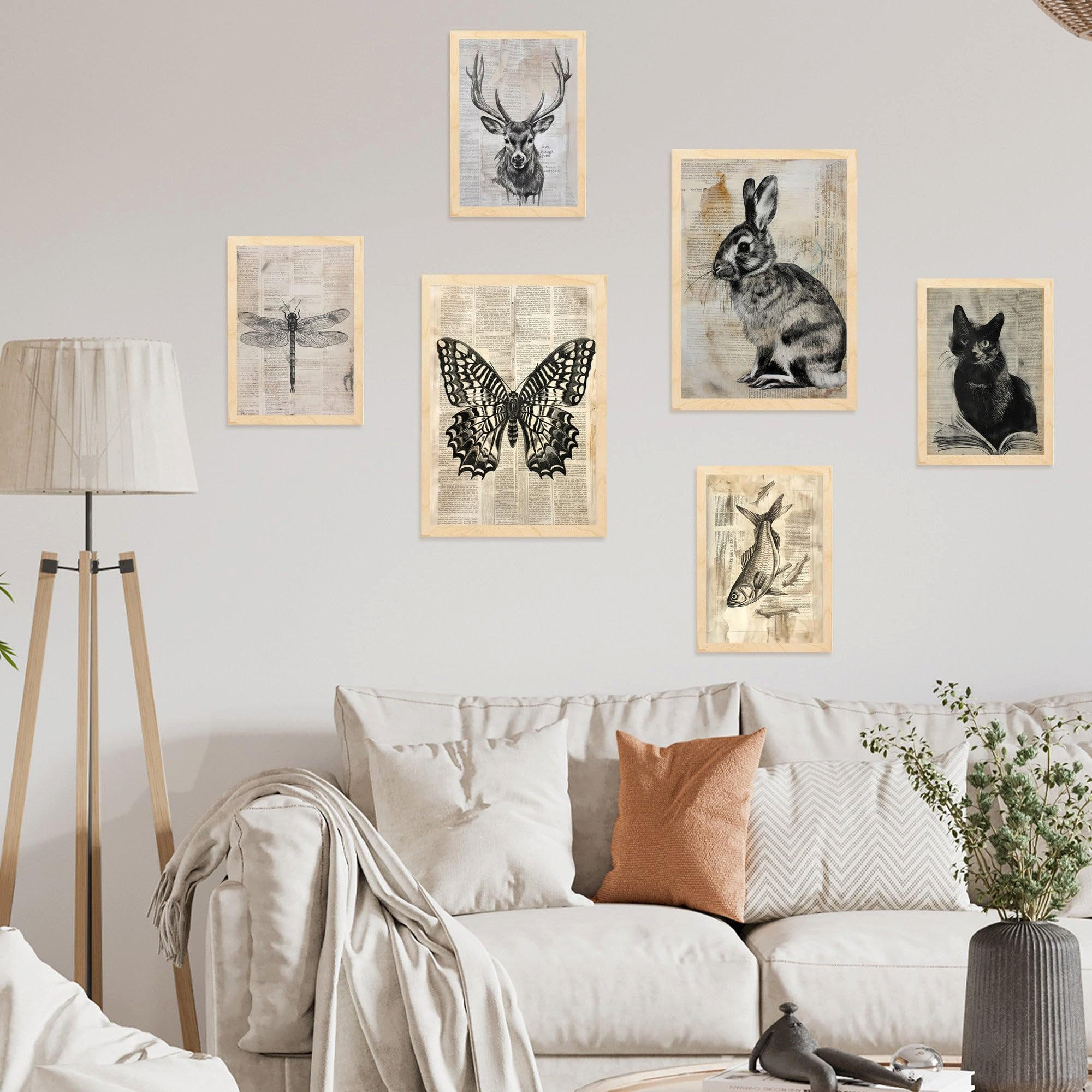 POSTER Set Mit 6 Vintage Tiere Schmetterling Hirsch Katze Fisch Kaninchenlibelle A3 & A4 Rahmen Aus Hellem Holz - Beige, Papier (29/3cm) - Nacnic