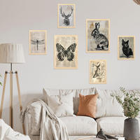 POSTER Set Mit 6 Vintage Tiere Schmetterling Hirsch Katze Fisch Kaninchenlibelle A3 & A4 Rahmen Aus Hellem Holz - Beige, Papier (29/3cm) - Nacnic