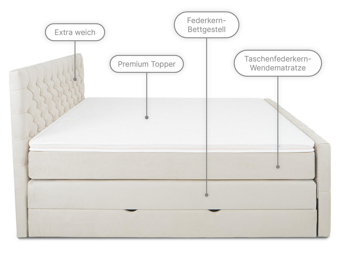 BOXSPRINGBETT Victoria Beige 160 /200 cm H3/H4 Samt - Beige, Textil (160/200cm) - wonello