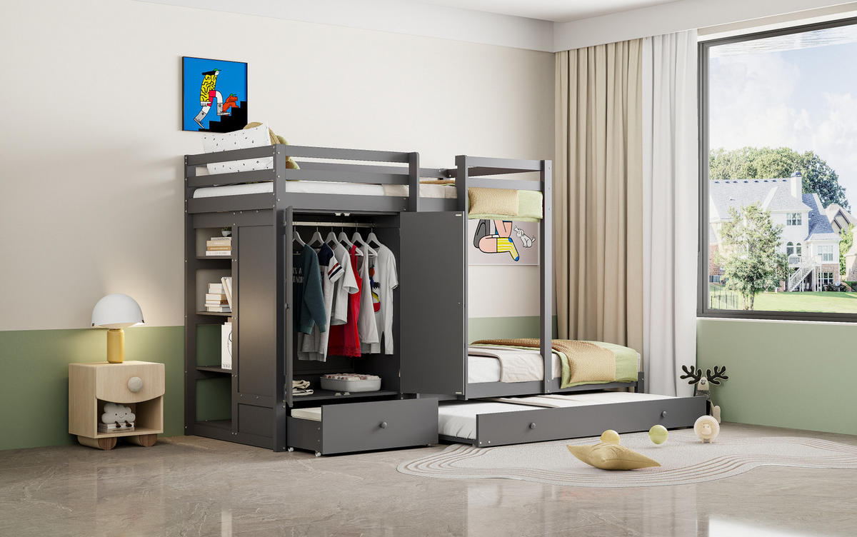 ETAGENBETT 90/200 cm in Grau mit Ausziehbett und Kleiderschrank - Grau, Holz (90/200cm) - OKMYHOME