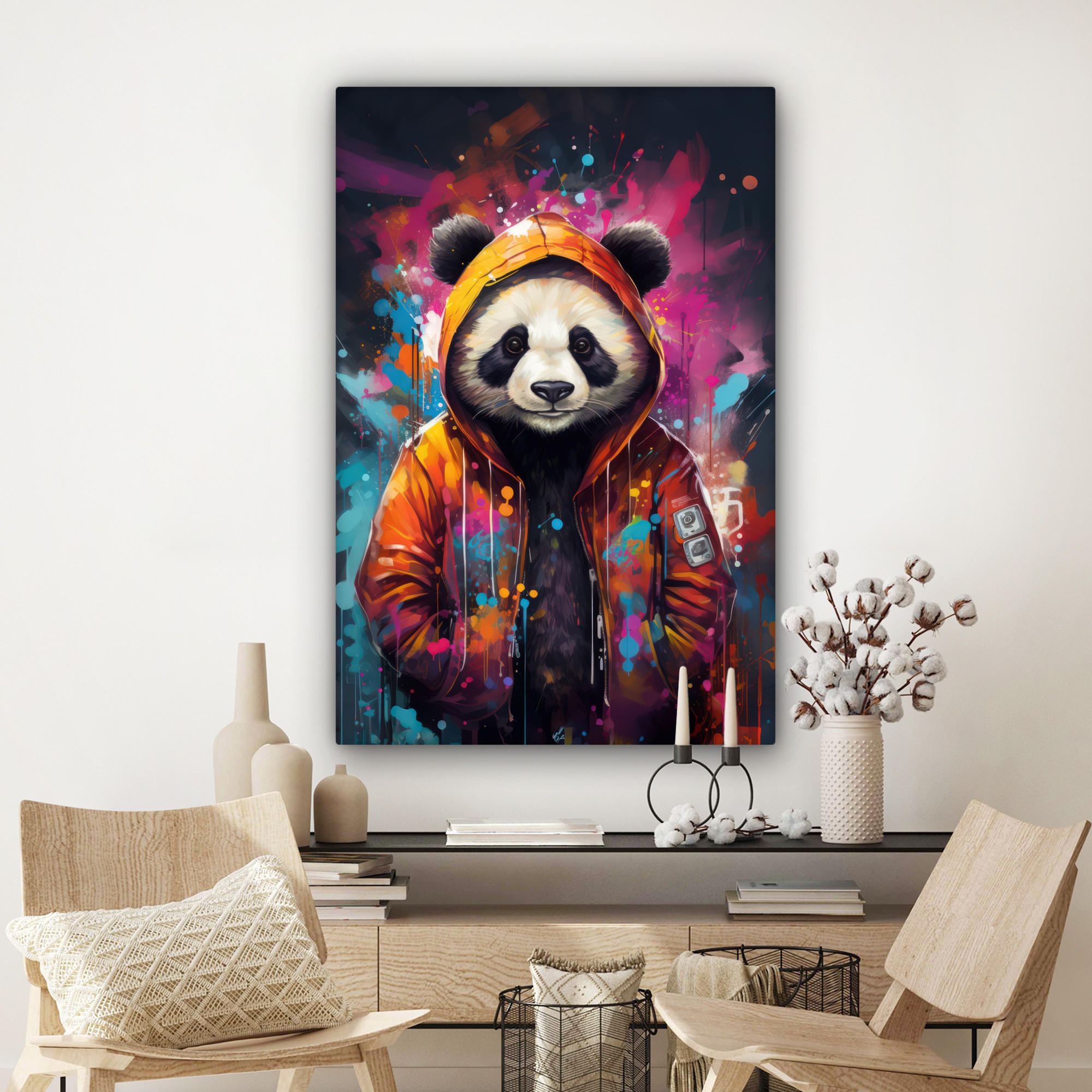 LEINWANDBILD Panda - Jacke - Graffiti - Orange 90x140 cm - Orange, Textil (90/140cm) - MuchoWow