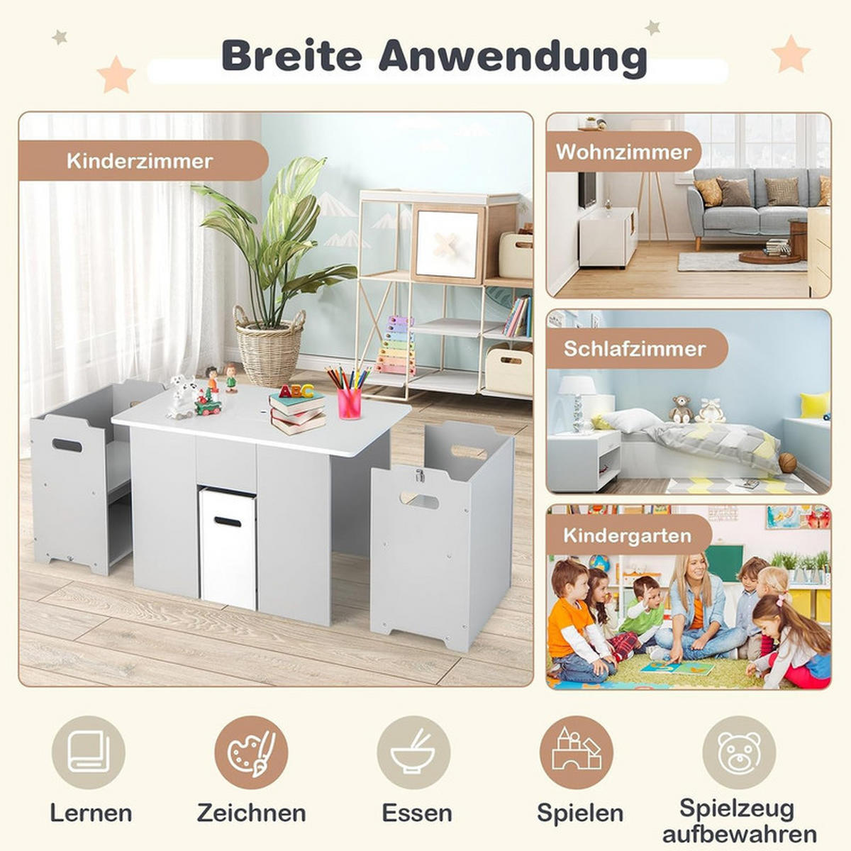 KINDERTISCH mit 2 Stühlen grau(3-tlg) - Grau, Holzwerkstoff (70/47/45cm) - COSTWAY