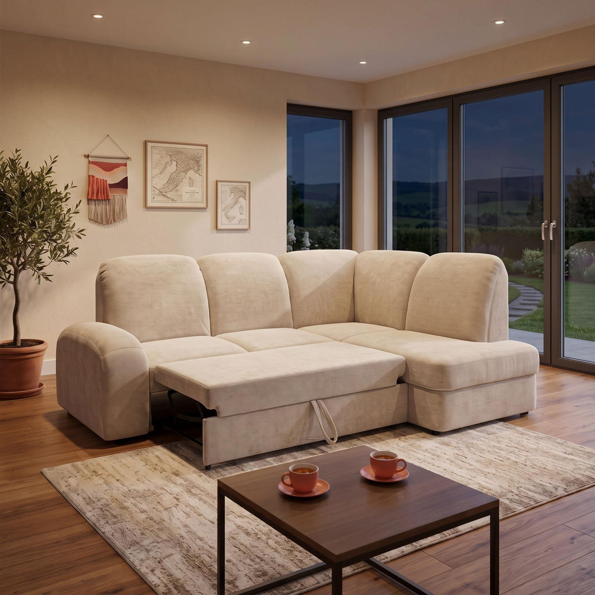ECKSOFA VIBE L Rechts mit Schlaffunktion 129x205 Chenille Beige - Beige/Schwarz, Holz/Kunststoff (250/186cm) - Muffo