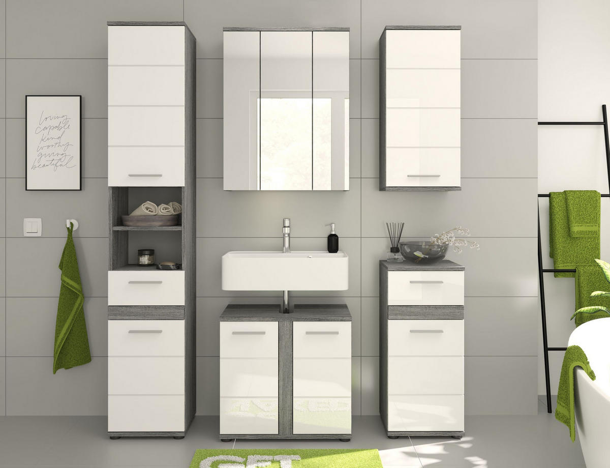 BADKOMBINATION 5tlg. Blake Bad in Rauchsilber Nachbildung und weiß hochglanz B/H/T: 164x191x34 cm - Anthrazit, Holz (164/191/34cm)