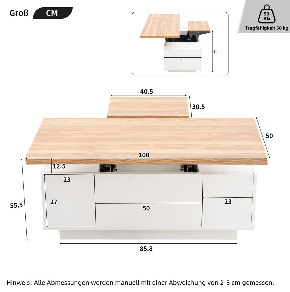 COUCHTISCH aus Spanplatte 100x50x55,5 cm in Weiß mit 2 Hebeplatten - Weiß, Holzwerkstoff (100/50/55.5cm) - Modfu