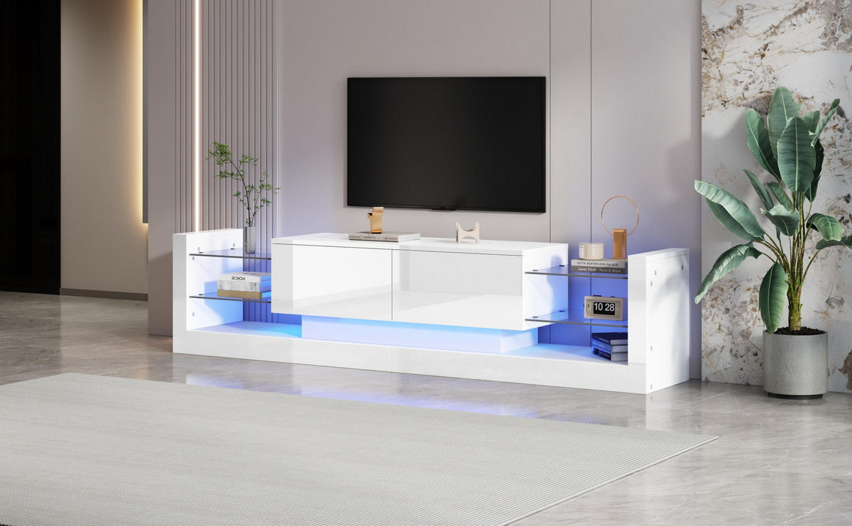 TV-SCHRANK Hochglanz Weiß mit LED und Glasfront, 2 Klappschubladen 181/38/38 cm - Weiß, Holzwerkstoff (181/38/38cm) - Redom