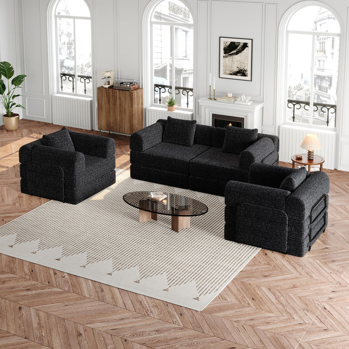 SITZGARNITUR 2-in-1 mit Armlehnen-Ablagefach Chenille Schwarz 200/90/85 cm - Schwarz, Textil (181.6/49.5/94cm) - OKWISH