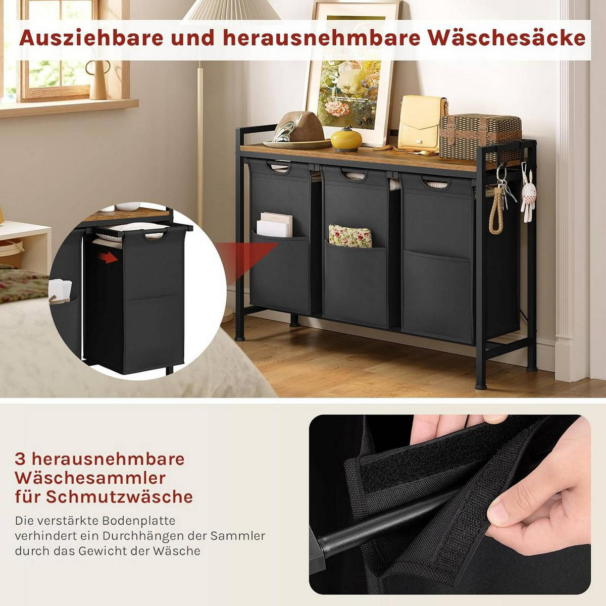 WÄSCHEKORB 3 Fächer, jedes 40 L, Schwarz+Vintagebraun - Dunkelbraun/Schwarz, Holzwerkstoff/Textil (96/71/30cm) - Woltu