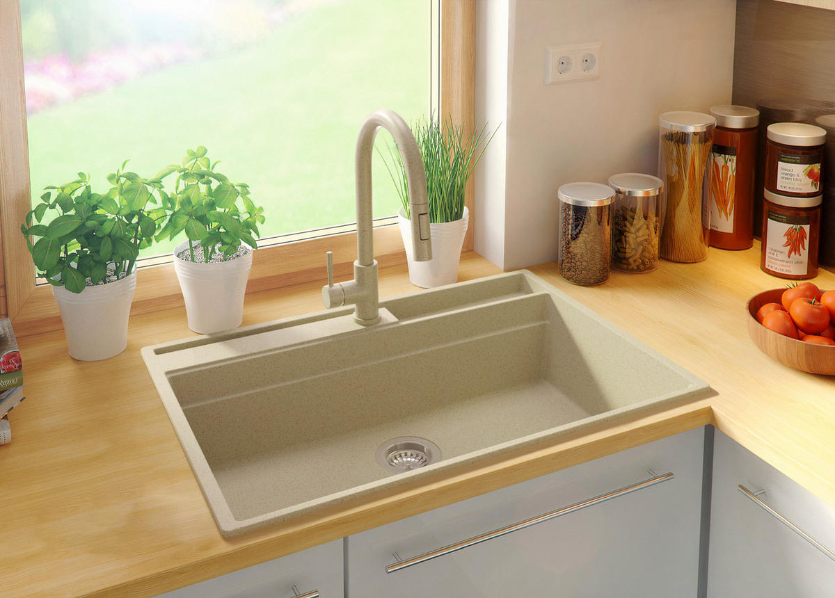 GRANITSPÜLE Oslo Pocket, 2-er set Beige 78/53 cm 1 Becken + Küchenarmatur 38/14 cm + Ablauf-Set + Küchenzubehörset ab 80er Unterschrank - Chromfarben/Beige, Kunststoff (78/20/53cm) - Primagran