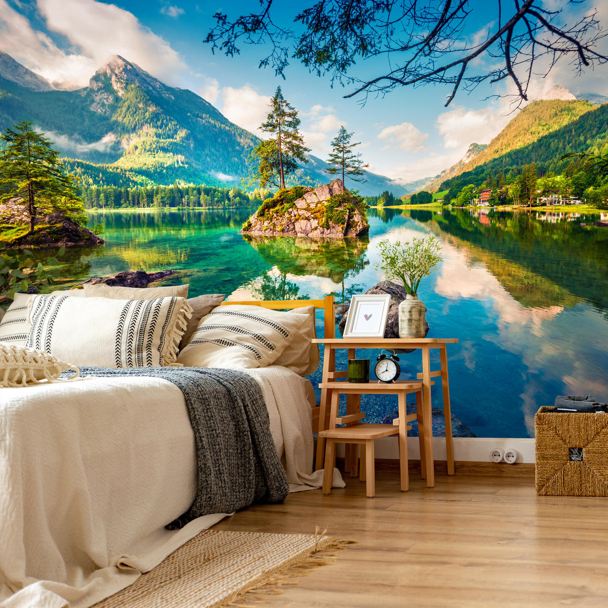 FOTOTAPETE für Schlafzimmer Bergsee Nadelbäume Felsen Natur Landschaft 450x315 - Türkis/Beige, Papier (450/315cm) - Muralo