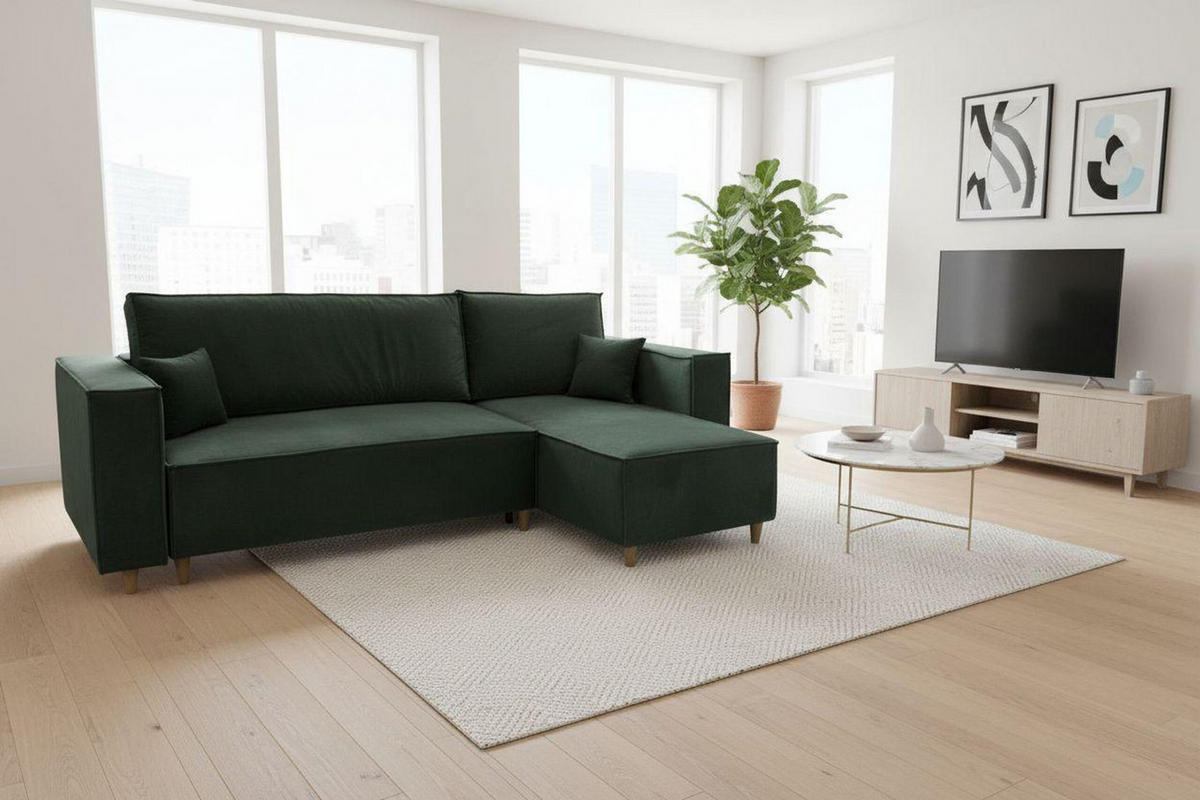 ECKSOFA RIO mit Schlaffunktion und Bettkasten, Farbe: Grün, Velourstoff, Ottomane Universal - Grün, Textil (249/142cm) - Marpur