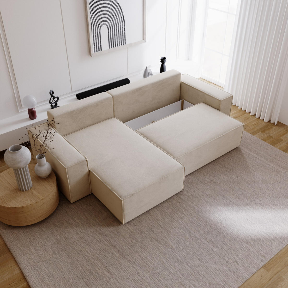 ECKSOFA mit Schlaffunktion Bergamo L 280 cm, Samt, Links - Beige - Beige, Holz (277/189cm) - Emporius