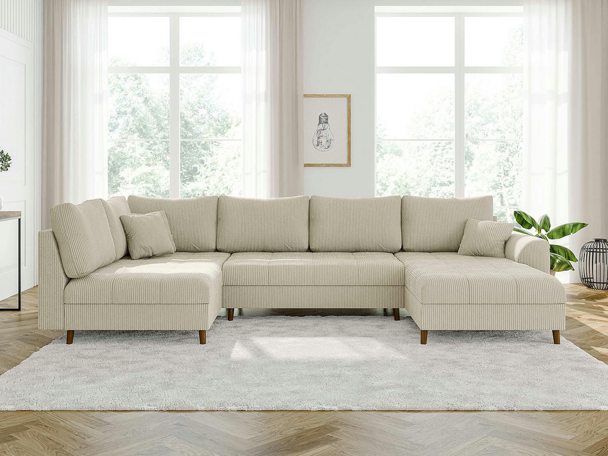 WOHNLANDSCHAFT inkl. Hocker Alma Beige Cord - Beige/Braun, Holz/Textil (310/81/161cm) - S-Style Möbel