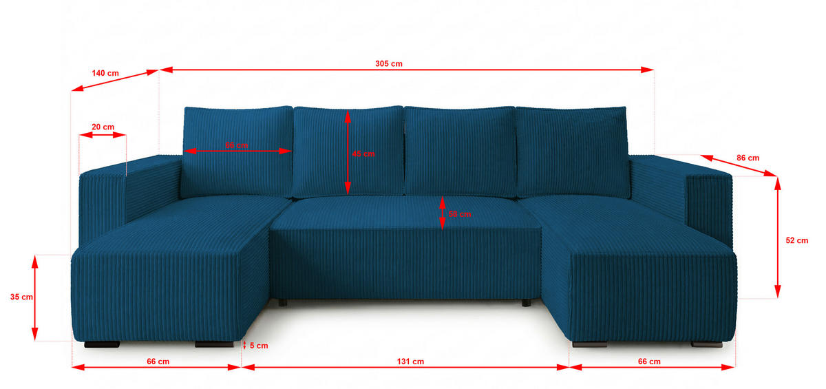 WOHNLANDSCHAFT CUDDY Umit Schlaffunktion und Bettkasten, Farbe: Blau, Cordstoff - Blau, Textil (305/85/140cm) - Storez24