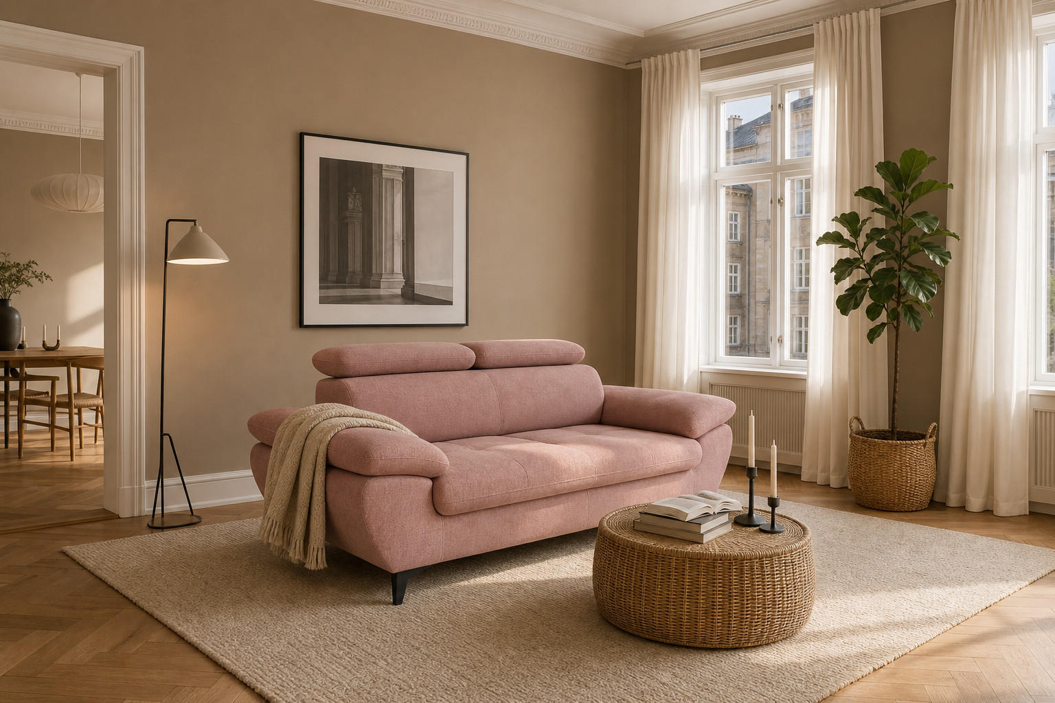 2,5-SITZER Karlstad Chenille Rosa verstell. Kopfstützen B 194 cm - Rosa, Kunststoff/Textil (194/84/100cm) - foamnova