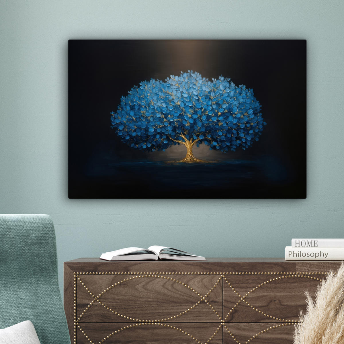 LEINWANDBILD Baum - Blau - Blätter - Pinselstriche Wanddeko 90x60 cm - Blau, Textil (90/60cm) - MuchoWow