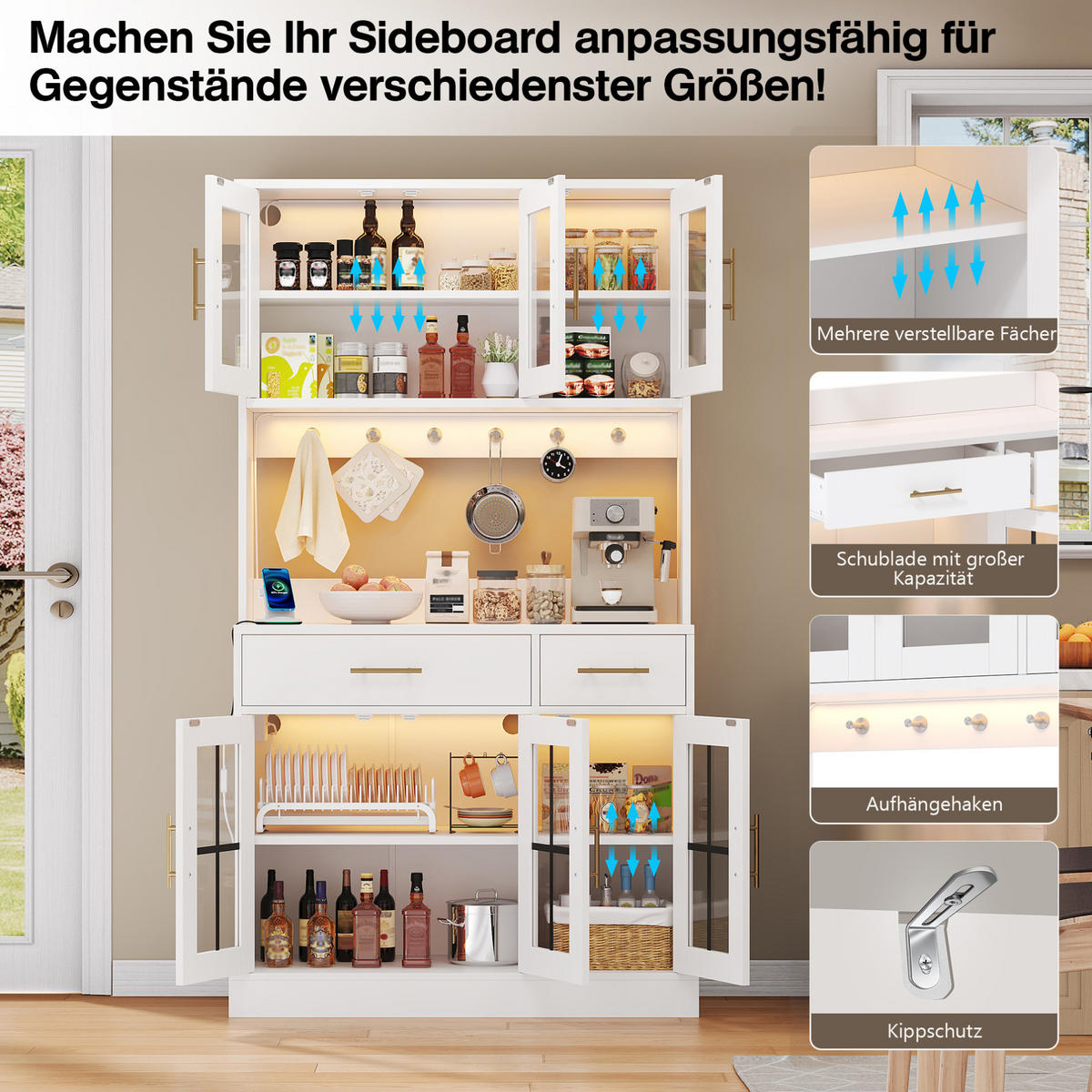 SIDEBOARD 180/100 cm in Weiß mit LED-Beleuchtung, 6 Türen und 2 Schubladen - Weiß, Holzwerkstoff (100/180/40cm) - Flora Grace