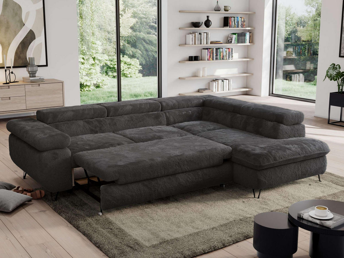 ECKSOFA PEDRO L Anthrazit Plüsch - Rechts Seite - Anthrazit/Schwarz, Textil/Metall (273/208cm) - MKS