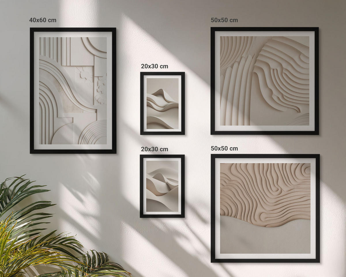BILDER SET 5er Set - 50x50 cm & 20x30 cm & 40x60 cm Schwarzer Rahmen - Abstrakte beige Wellen - Schwarz, Kunststoff (40/60cm) - TULUP
