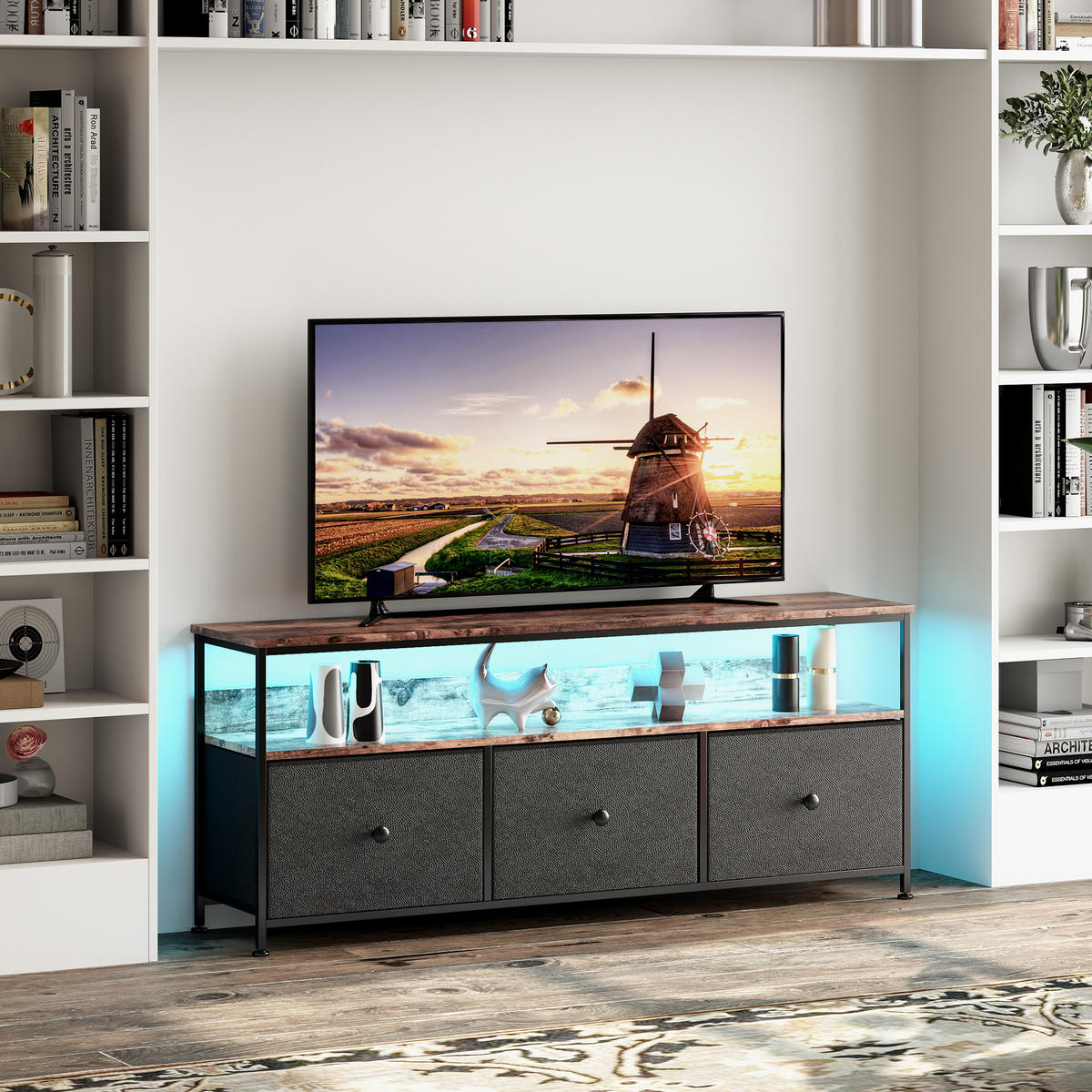TV-SCHRANK mit Retro-Holzoptik, LED-Licht & 3 Stoffschubladen - Schwarz, Holzwerkstoff (29.8/57/108cm) - SHOPENTRA