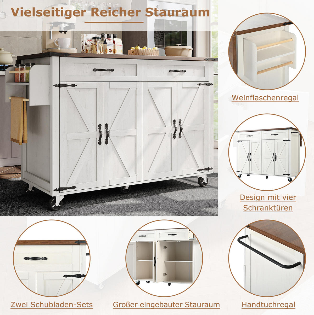 KÜCHENINSELWAGEN aus MDF mit klappbarer Arbeitsplatte, 140/45/72/93 cm, Weiß - Weiß, Holzwerkstoff (140/93/45cm) - Redom