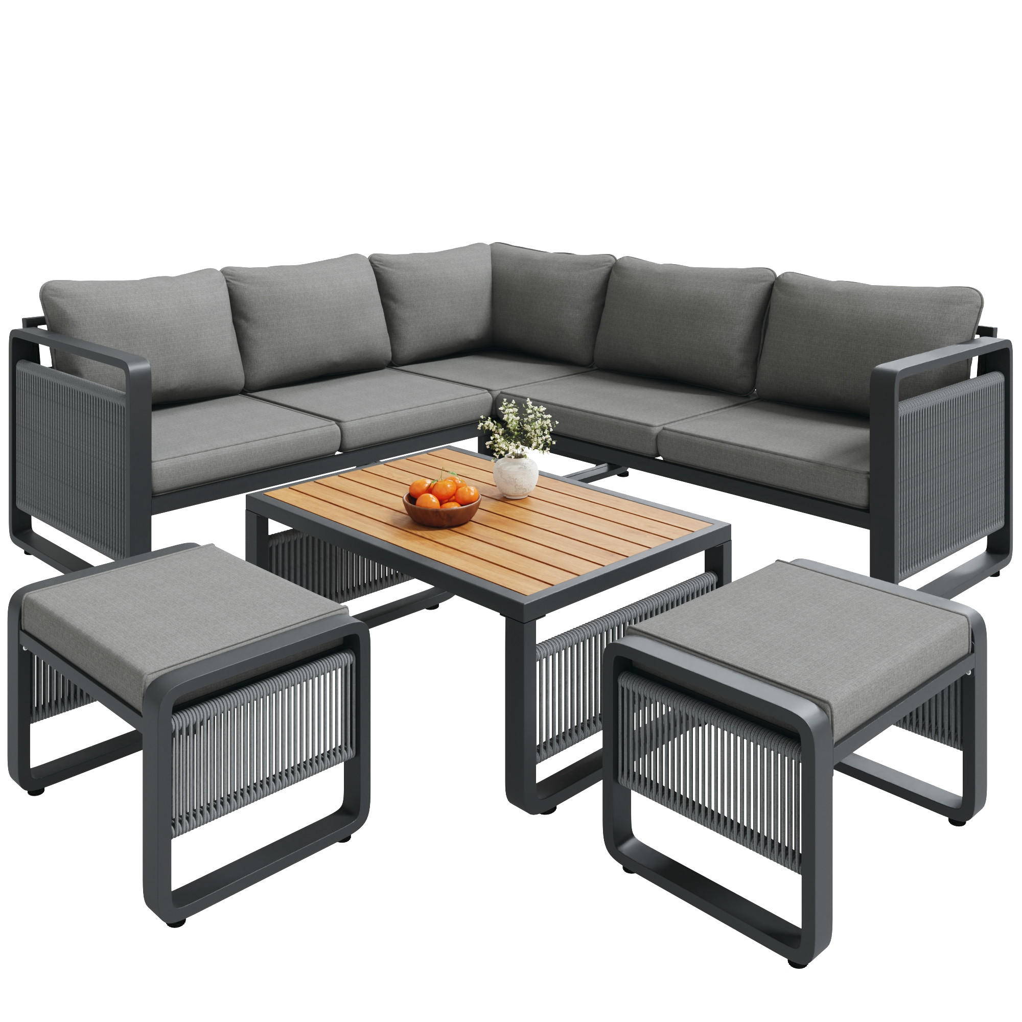 GARTENLOUNGE-SET für 6-7 Personen Garten Loungesessel Set Wetterfeste Eckgarnitur Grau - Naturfarben/Grau, Holzwerkstoff/Textil - STILVORA