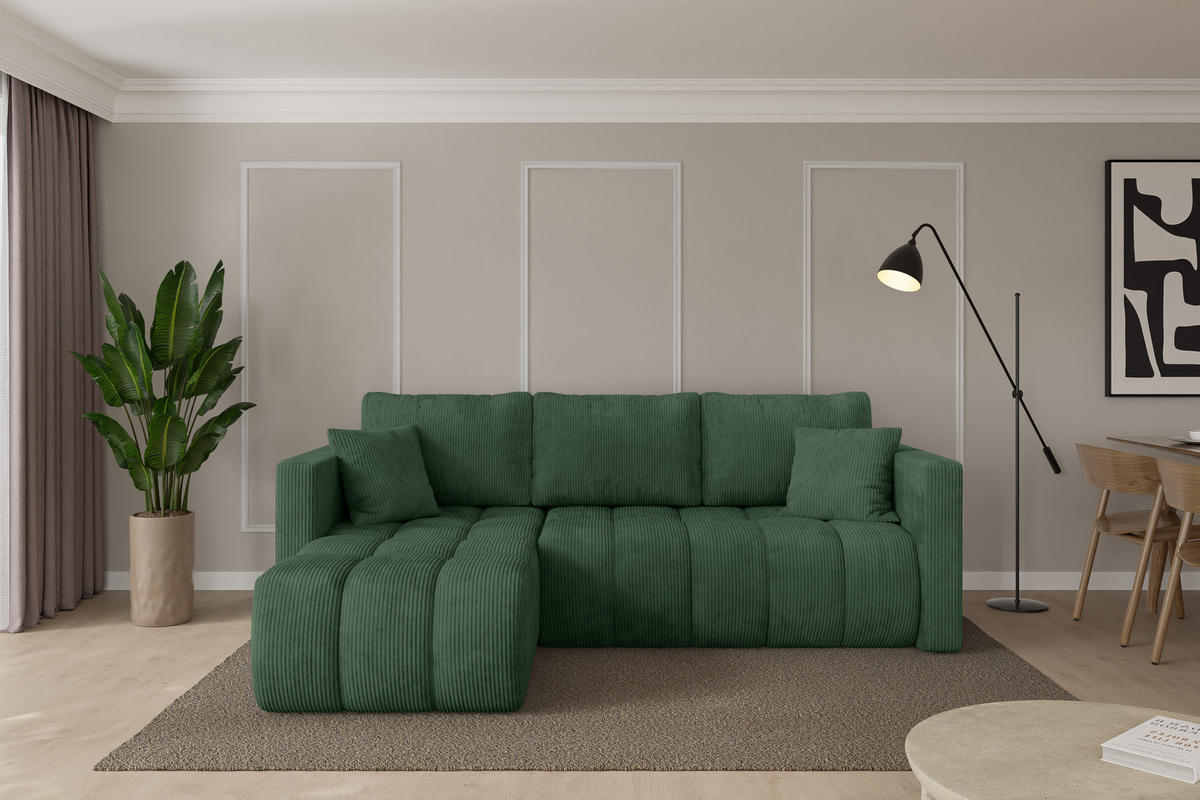 ROHOVÁ SEDAČKA s funkcí spaní, otoman vlevo GARD-L 226x146x85 zelená manšestr - černá/tmavě zelená, kompozitní dřevo/textil (226/146cm) - ALTDECOR