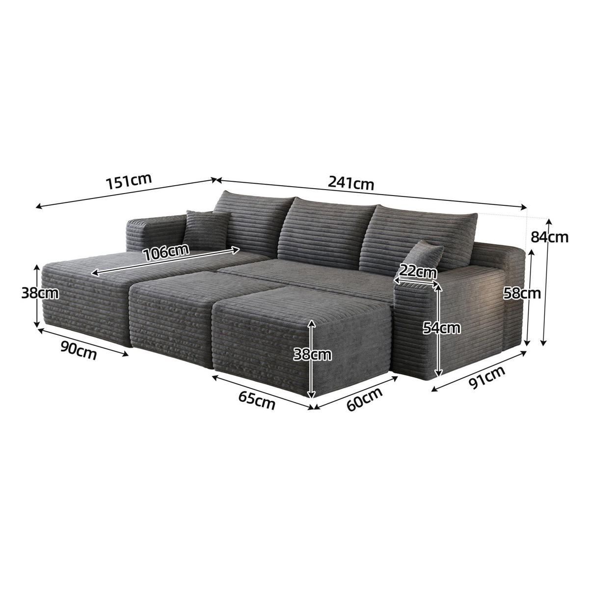 ECKSOFA 241 cm aus Stoff mit Cordbezug und Chaise Lounge Dunkelgrau - Dunkelgrau, Textil (151/241cm) - Modenvie