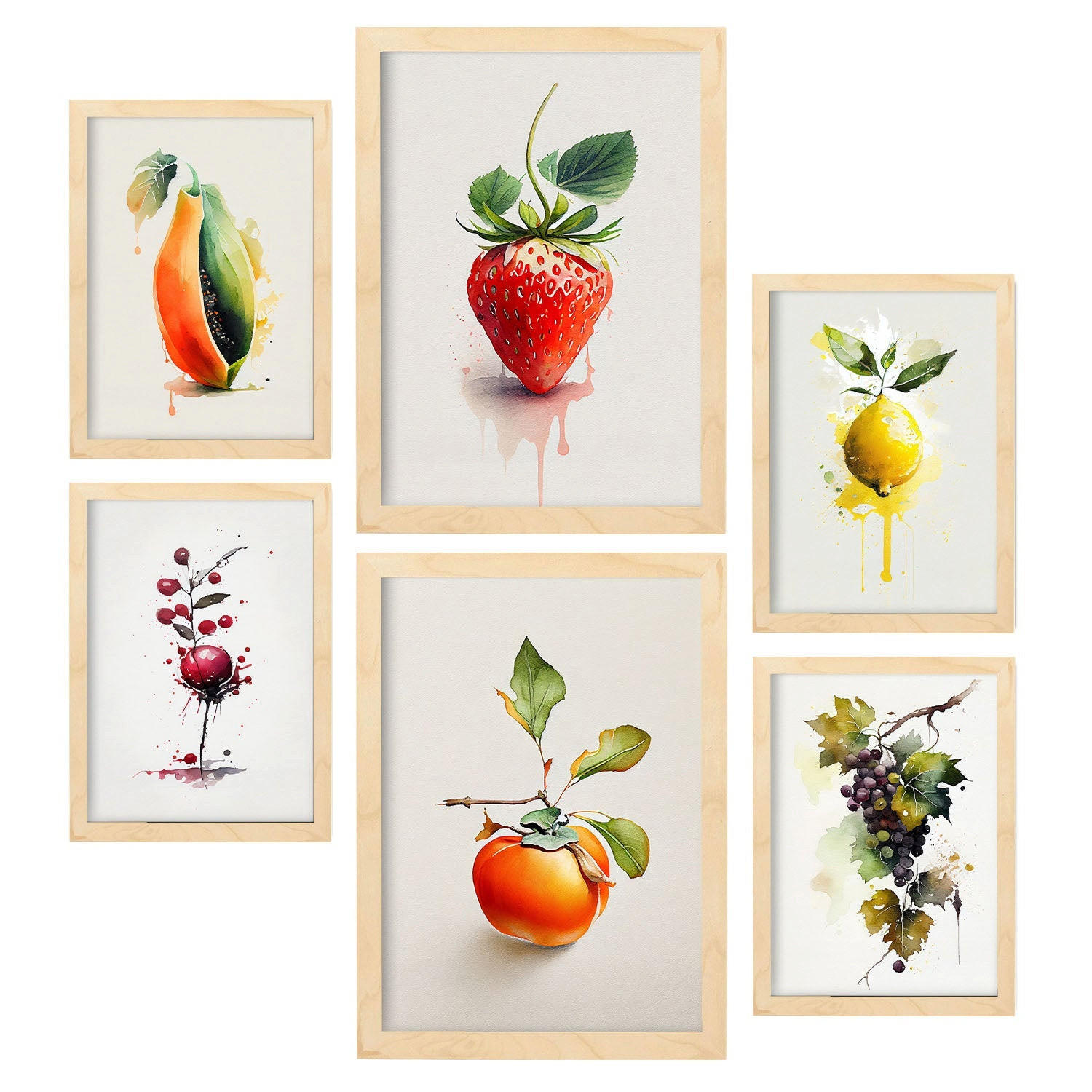 POSTER Set Mit 6 Lebendige Früchte Plakate Von Obst Gemüse & Gesunden Lebensmitteln Im Aquarell Kunst Auf Reinweißen A3 & A4 Rahmen Aus Hellem Holz - Beige, Papier (29/3cm) - Nacnic