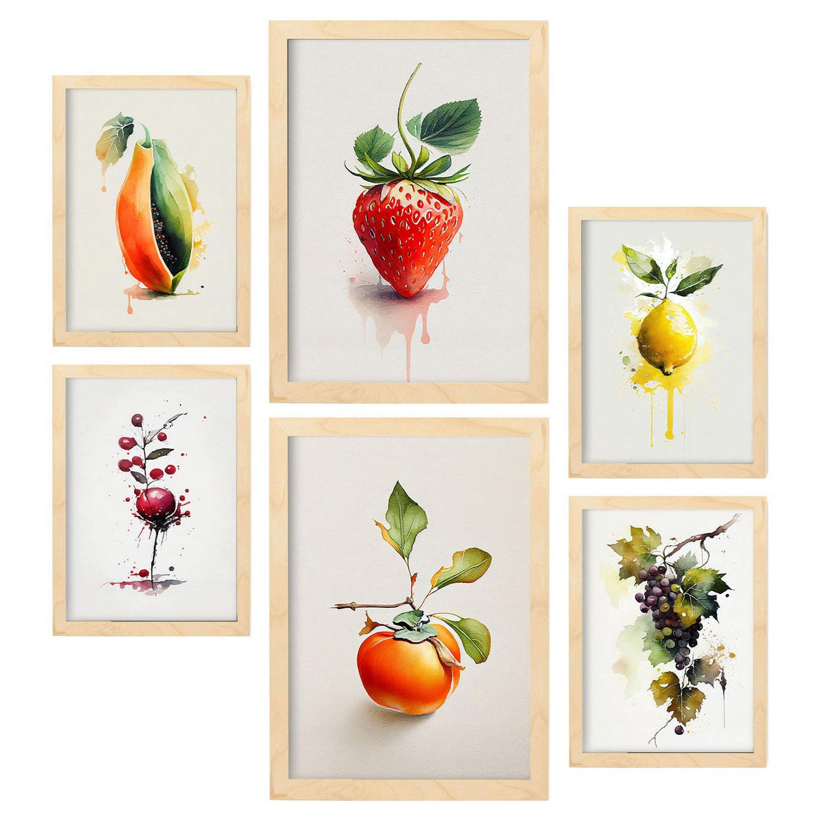 POSTER Set Mit 6 Lebendige Früchte Plakate Von Obst Gemüse & Gesunden Lebensmitteln Im Aquarell Kunst Auf Reinweißen A3 & A4 Rahmen Aus Hellem Holz - Beige, Papier (29/3cm) - Nacnic