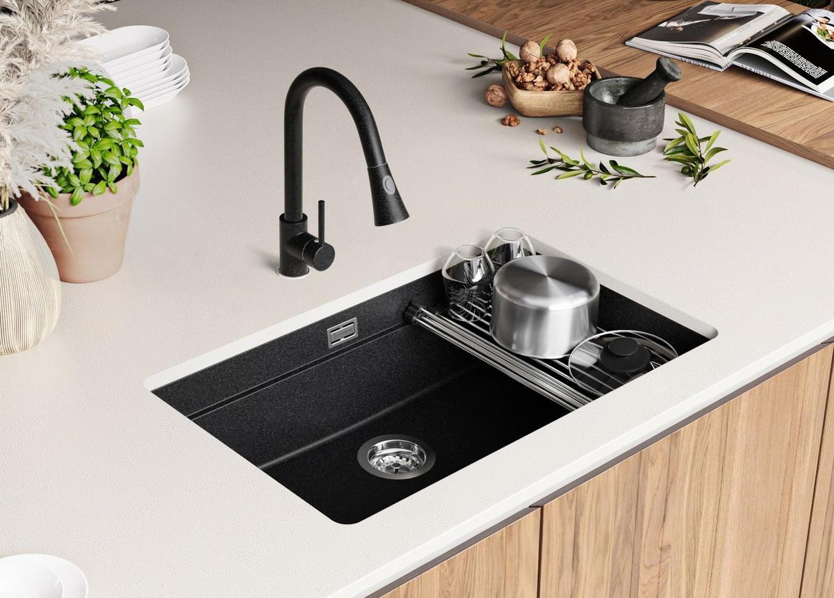 UNTERBAUSPÜLE GRANIT Praga, 2-er set Anthrazit 76/47 cm 1 Becken + Ablauf-Set + Aufrollbare Abtropffläche ab 80er Unterschrank - Chromfarben/Anthrazit, Kunststoff (76/20/47cm) - Primagran