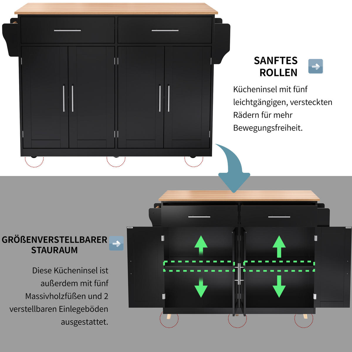 KÜCHENINSEL 120x70x91.5cm Schwarz mit Falttisch,Doppeltüren & Rollen/Füßen - Schwarz, Holzwerkstoff (120/91.5/71cm) - Modfu